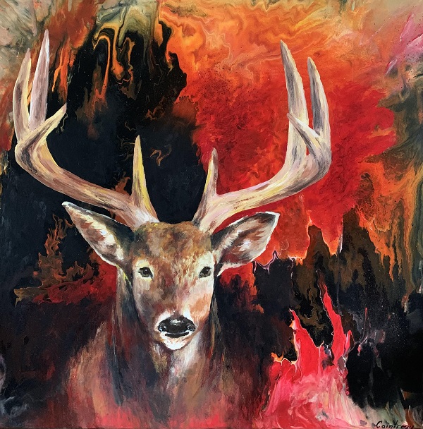 painting of deer and fire