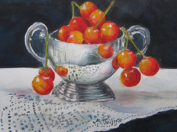 Cheeries in a Silver Bowl in Watercolor by May Phillips