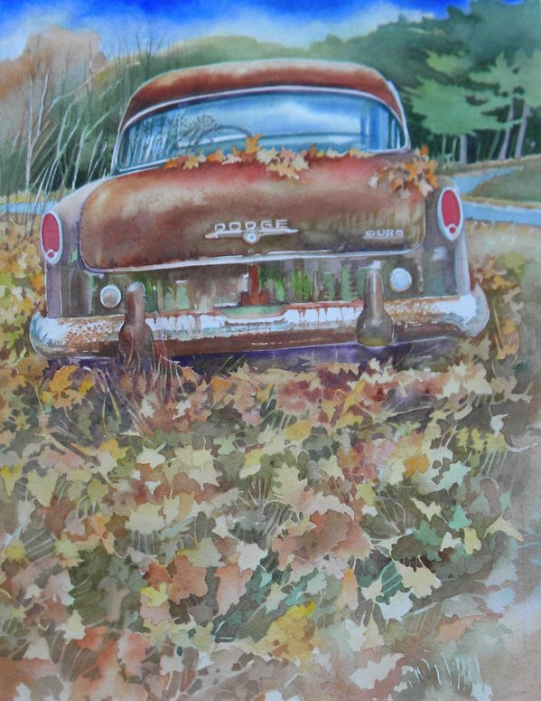 painting A Dodge Sits Among the Fall Leaves