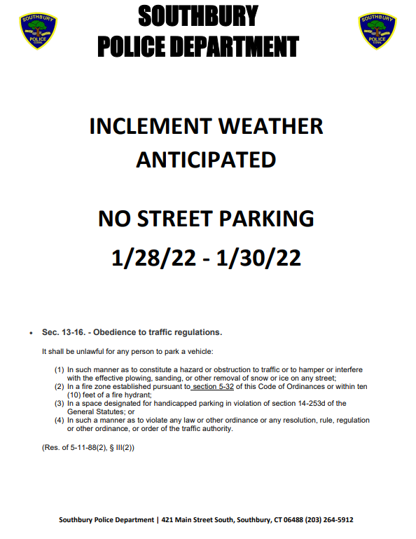 parking ban from Southbury Police