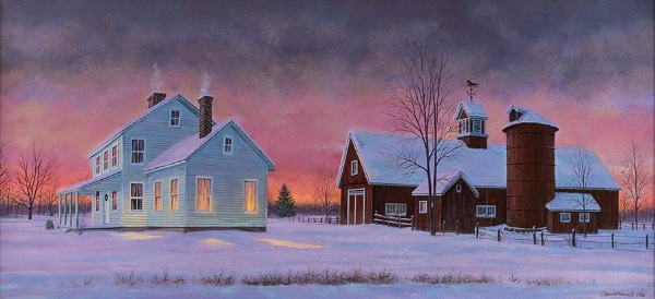 sundown with two houses painting