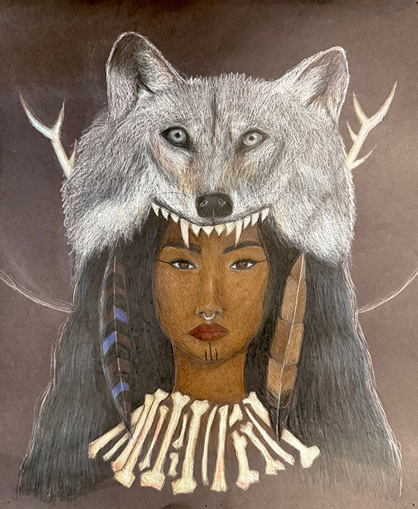 painting of native american with the wolf skin