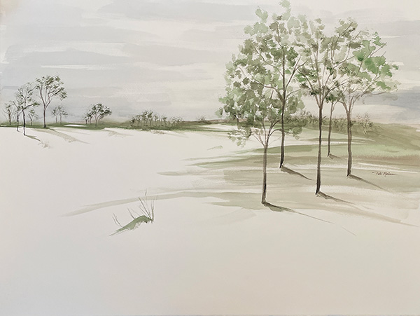 watercolor painting of trees and field