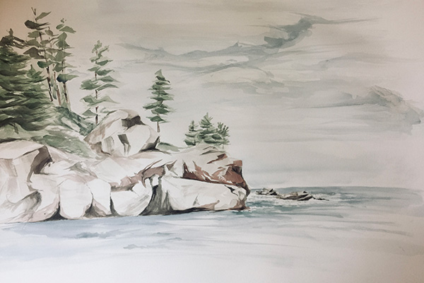 watercolor painting of rocks and sea