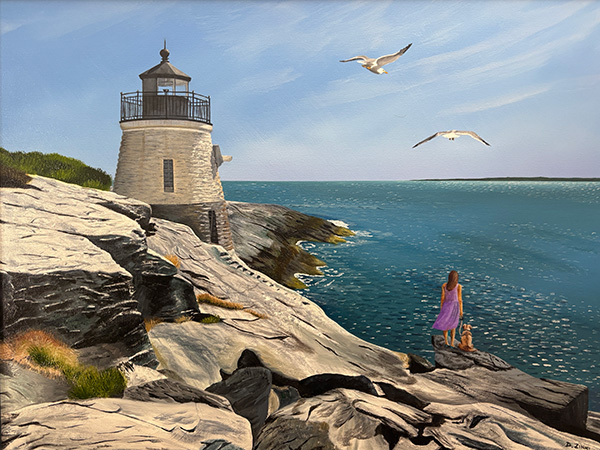 painting of a lighthouse, sea, a woman with a dog standing on the shore