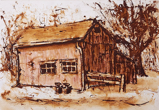 a painting of a barn with milk jags