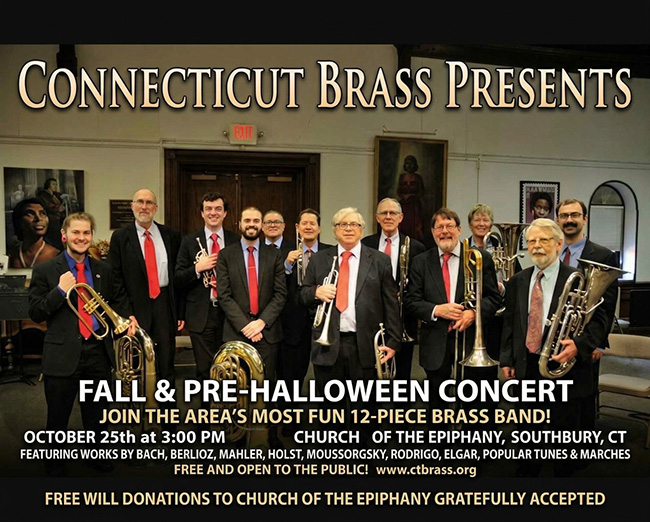 group of brass players with concert information