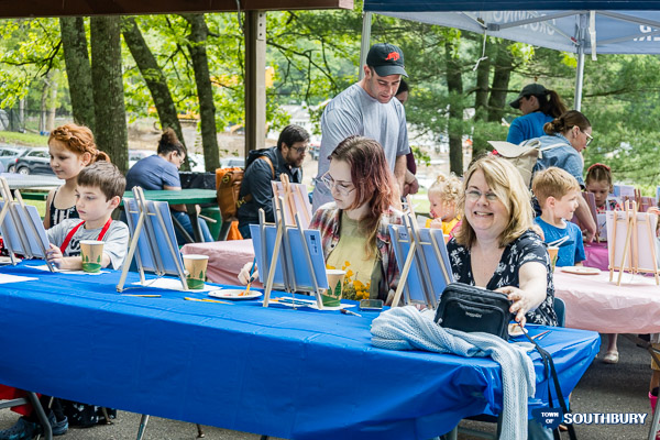 adults and children painting at the table